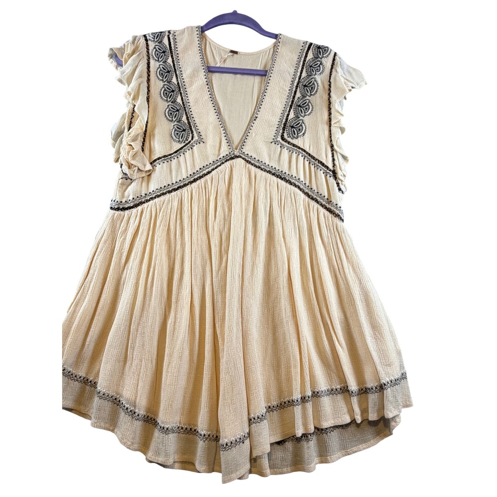 Free People Embroidered Boho Babydoll Tunic Top Cream Ruffle Sleeve Small